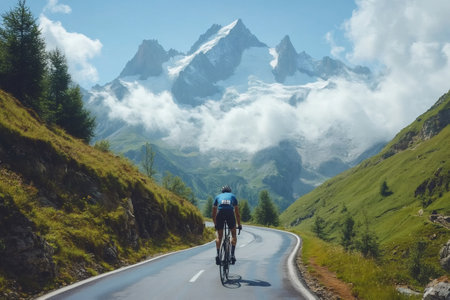 Professional cyclist training on a winding road in the French Alps with the majestic Mont Blanc in the backgroundの素材