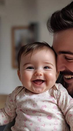 Adorable baby girl laughing and having fun with her dad at homeの素材