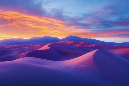 Stunning purple and orange sunset creating a magical atmosphere over the Death Valley sand dunesの素材