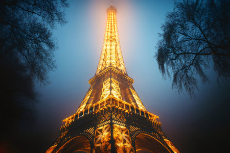 The Eiffel Tower glowing at dusk with a foggy sky and tree branches in Paris, Franceの素材