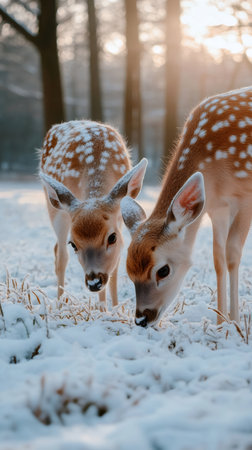 Two fawns are searching for food in the snow at sunsetの素材