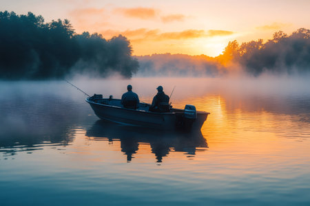 Two fishermen enjoying a misty sunrise while fishing from their boatの素材