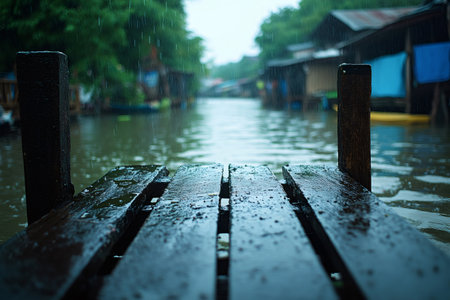 Rain falling on a wooden pier in a Thailand river with traditional houses in the backgroundの素材