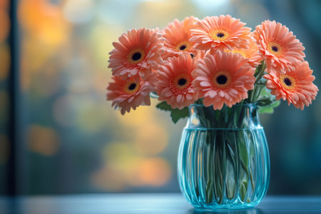 Peach gerbera daisies bouquet in a blue vase on a table near the windowの素材