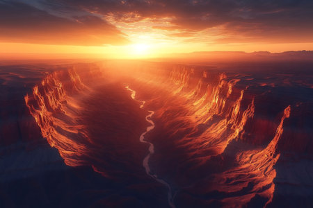 Breathtaking aerial view of the Grand Canyon at sunset, with the Colorado River winding through the deep gorgeの素材