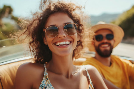 Happy couple enjoying road trip on convertible vintage car during summer vacationの素材