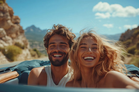 Young couple enjoying road trip in convertible car, laughing and having fun together on summer vacationの素材