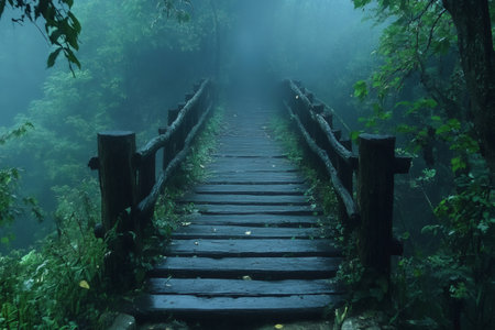 Wooden bridge disappearing into thick fog in a mysterious forest, creating a dark and evocative atmosphereの素材