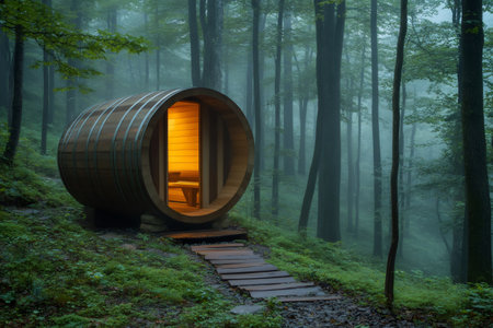 Wooden barrel sauna glowing in a misty forest, offering a relaxing and tranquil escapeの素材