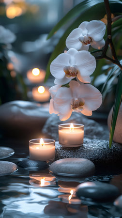 Relaxing spa concept with white orchid flowers and burning candles near calm water surface and stonesの素材
