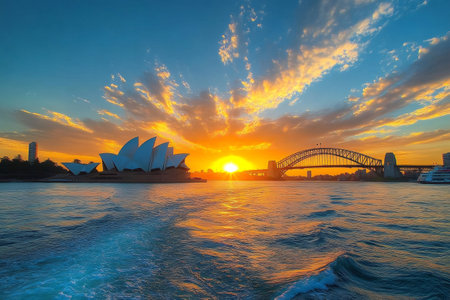 Sydney Opera House and Harbor Bridge during a breathtaking golden sunset over the waterの素材