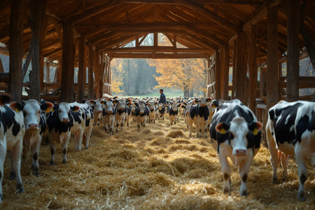 Cows walking on straw in barn with farmer during autumnの素材