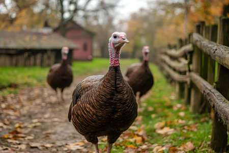 Turkeys walking near wooden fence in farmyard during fall seasonの素材