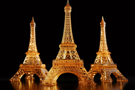 Three golden Eiffel Tower miniature souvenirs standing on a reflective surface with black backgroundの素材