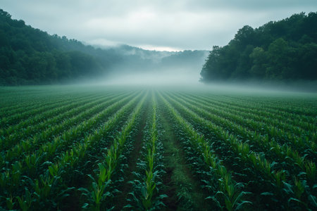Low fog covering cultivated cornfield landscape in early morning with forest and hills in the backgroundの素材