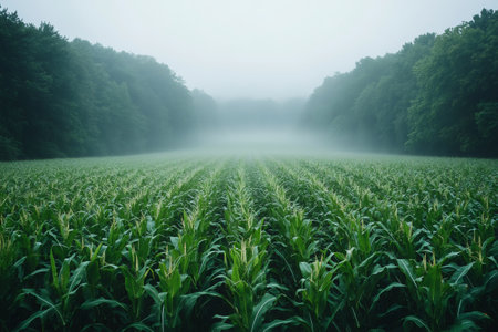 Rows of green corn growing in a field between two forests on a foggy morningの素材