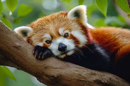 Cute red panda lying on a tree branch in a relaxed poseの素材