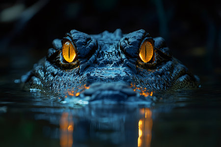 Alligator with glowing eyes lurking in dark swamp, creating a dramatic and eerie atmosphereの素材