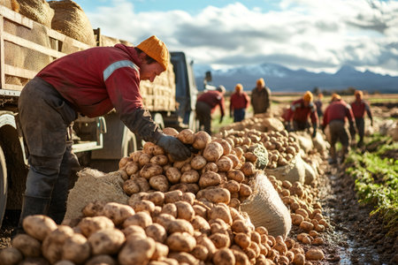 Farmers working together during potato harvest season, filling sacks and loading a truckの素材