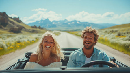Happy tourists driving a convertible car on a mountain road trip, enjoying freedom and adventureの素材