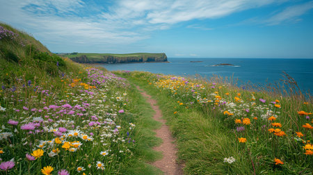 Scenic coastal path winds through colorful wildflowers on Rathlin Island, offering breathtaking views of the cliffs and oceanの素材