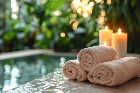 Rolled towels lying near swimming pool with burning candles and tropical plants on background in luxury spa centerの素材