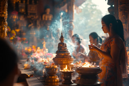 Woman praying in buddhist temple with buddha statue and burning incense in Myanmarの素材