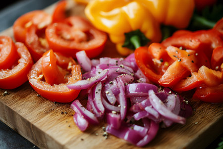 Sliced tomatoes, onions and bell peppers seasoned with black pepper, ready for cookingの素材