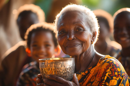 African elderly woman holding a metal bowl and smiling with blurred African children in the backgroundの素材