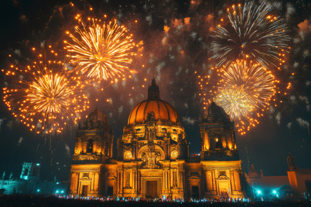 Bright fireworks exploding over the Berlin Cathedral during a celebration with a crowd of tourists and locals enjoying the showの素材