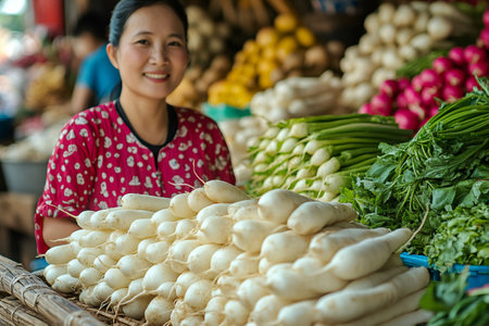 Asian woman selling fresh white radish at a traditional farmers marketの素材