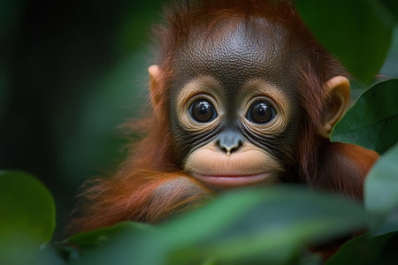 Adorable baby orangutan peering through jungle leavesの素材