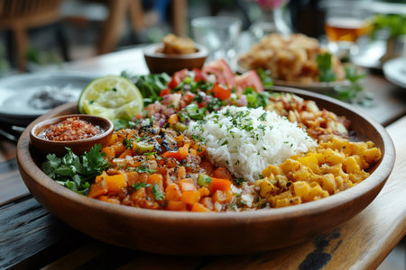 Close up of a wooden plate containing rice, roasted vegetables, salad, lime and sauces, resting on a wooden tableの素材