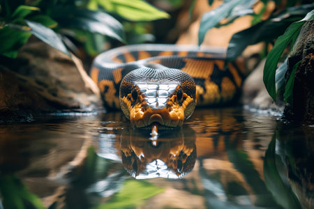 Close-up of a Sumatran short-tailed python drinking in a river in a tropical rainforest environmentの素材