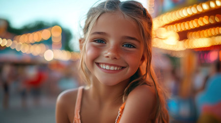 Close-up portrait of happy girl with freckles smiling at amusement park, enjoying summer dayの素材