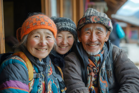 Portrait of a happy Tibetan family smiling and wearing traditional clothesの素材