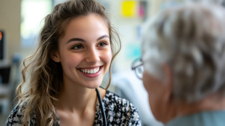 Doctor talking with elderly patient in hospital room, healthcare and medical conceptの素材
