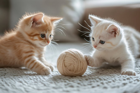 Adorable kittens playing with a ball of yarn on a soft blanket, enjoying their playtime togetherの素材