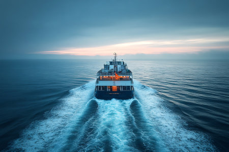 Passenger ferry sailing on the sea at sunset, leaving a white trail on the waterの素材