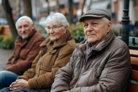 Group of seniors relaxing on a bench in an urban park, enjoying their retirementの素材