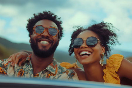 Young tourists wearing sunglasses are driving in a convertible car and enjoying their road tripの素材