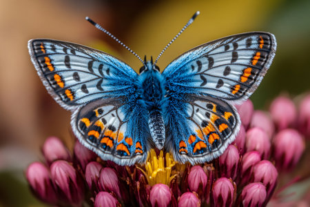 Colorful butterfly with blue wings and orange spots resting on a purple flower with yellow centerの素材