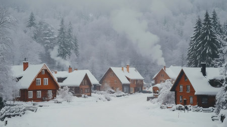 Smoke rising from chimneys of cozy snow covered wooden houses in mountain village during snowfall, winter landscapeの素材