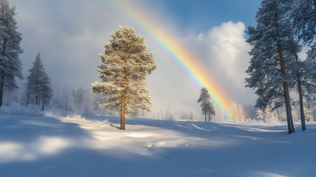 Winter landscape with snow covered trees and a bright rainbow in the skyの素材
