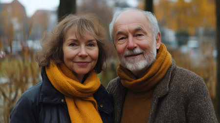 Elderly couple wearing matching scarves enjoying a relaxing walk in a park during the fall seasonの素材
