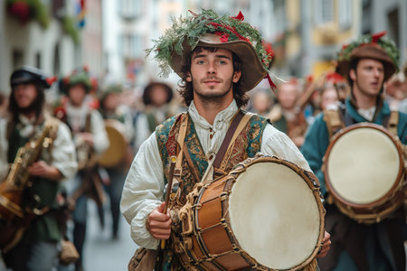 Drummer wearing traditional costume marching with drum during an historical reenactment parade in a European cityの素材