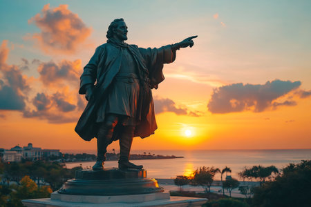 Statue of Christopher Columbus pointing towards the setting sun in Santo Domingo, Dominican Republicの素材