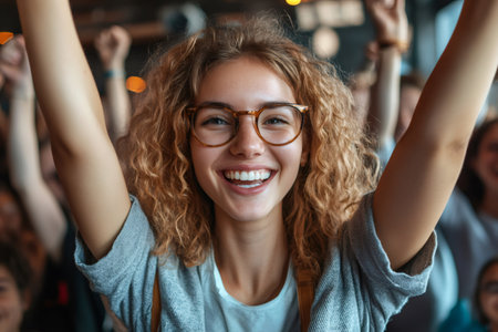Young woman with curly hair and glasses is raising arms and cheering with crowdの素材
