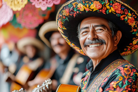 Mariachi musician wearing traditional sombrero and clothes, happily playing guitar with his band during a Mexican festivityの素材