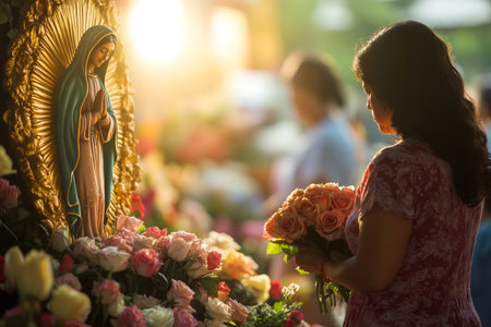 Devotee holding roses praying Virgin of Guadalupe during a procession in Mexico Cityの素材